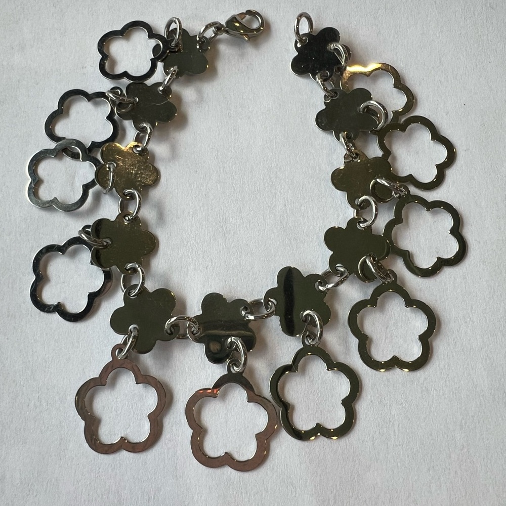 Vintage Edforce Stainless Steel Flower Clover Posey Charm Dangle Bracelet